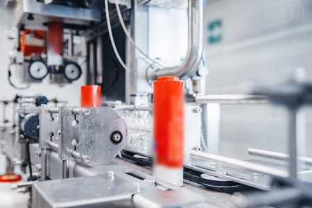 Dairy production, bottle of yoghurt on automated conveyor line, process of milk filling and packaging.の写真素材