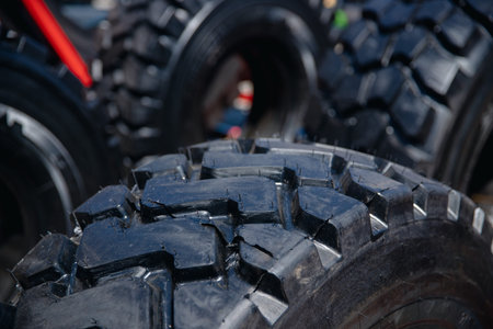 Closeup black tires for dump trucks for transporting ore or coal from mines
