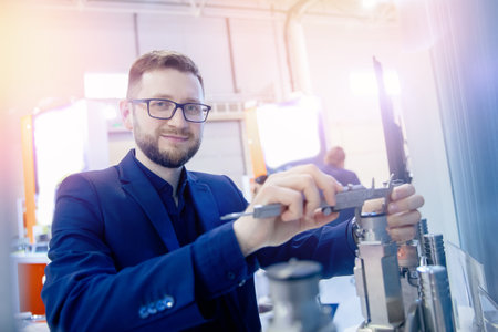Engineer checks dimensions with vernier caliper finish detail after metalworking on cnc machine...