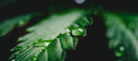 Banner macro drop water after rain on cannabis leaves or marijuana of plant on dark blurred...