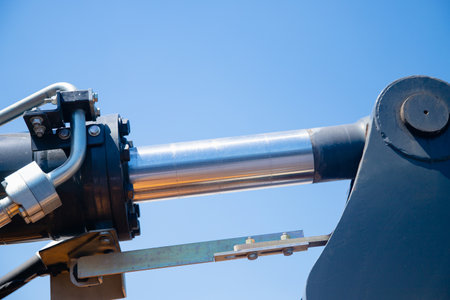 Pneumatic cylinder piston for machinery technology tipper. Concept machine for truck lifting load and hydraulic forcesの写真素材