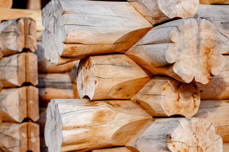 Close-up corner of wooden russian blockhouse, docking of round logs
