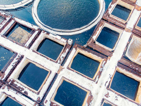 Farm fish salmon and sturgeon aquaculture blue water floating cages. Aerial top viewの写真素材