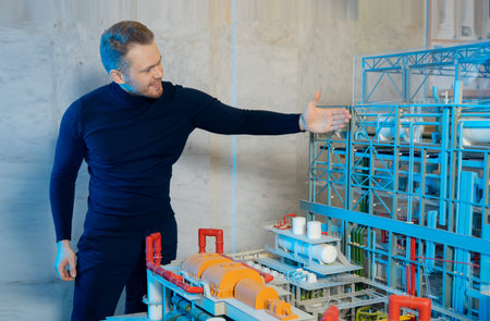 Young construction engineer man is studying layout of structure of thermal power plant with turbine