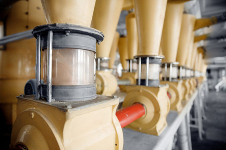 Modern electrical mill machinery for production of wheat flour. Equipment Factory Grain