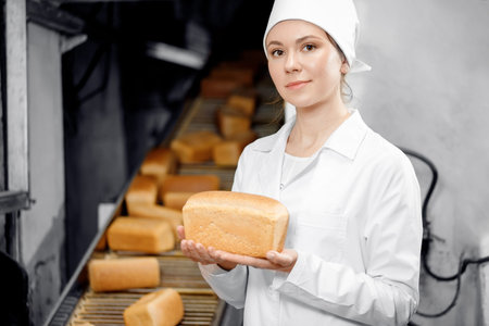 Portrait of baker woman holding fresh bread in hands on background automatic conveyor of food bakery...