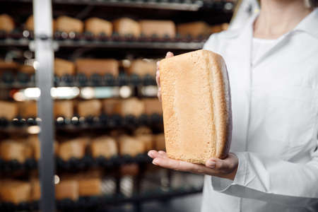 Bakery factory, baker woman holding fresh bread in hands on background automatic conveyor of foodの写真素材