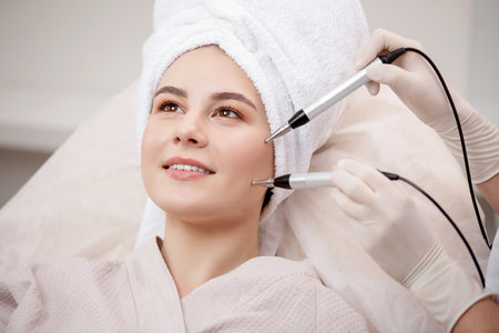 Young woman having stimulation microcurrent procedure for lifting skin face treatment from spa clinicの写真素材