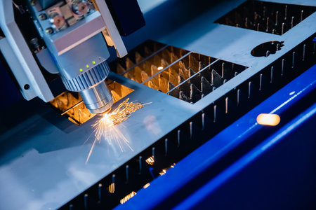 Laser CNC cut of metal with light spark Blue color, technology industrial modern
