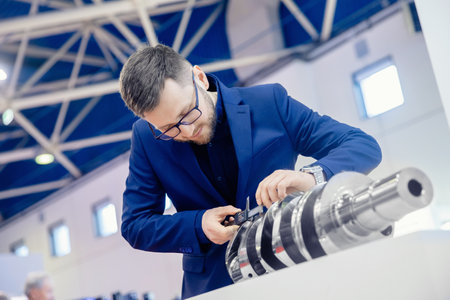 Engineer checks quality of crankshaft for engine at car manufacturing plantの写真素材