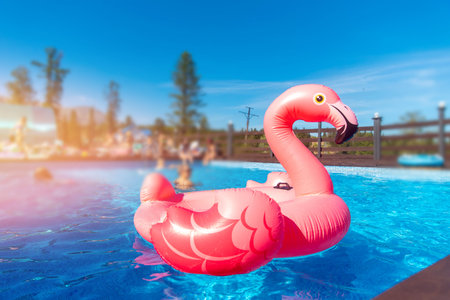 Pink flamingo circle in turquoise water sunny day. Concept Summer pool party background