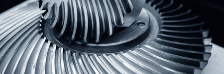 Industrial background banner, close-up of wheels gear reducer toned color