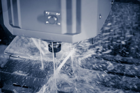 Auto CNC turning with robot drill milling factory with water coolant streams. Concept metal machine industry backgroundの写真素材