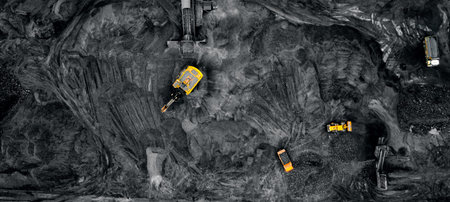 Panorama open pit mine, extractive industry for coal, aerial drone top view