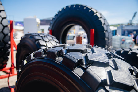 Shop of black tires for dump trucks for transporting ore or coal from mines