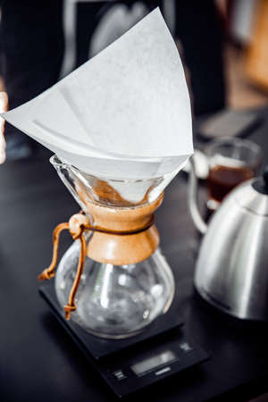 Alternative method of making coffee, funnel drip glasses with paper filter chemex pour over kettleの写真素材