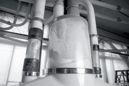 Modern automatic mill for production of white flour from wheat, rice, semolina. Industrial food...