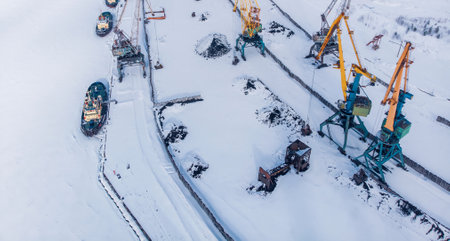 Ice bound frozen port for transshipment of coal from polar mines Container cargo ship loading North Arctic doc, top aerial viewの写真素材