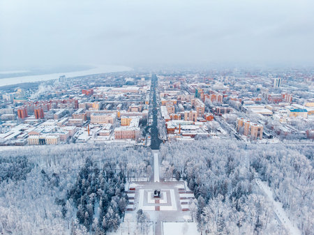 Winter cityscape Tomsk Siberia snow forest, Russia aerial top view
