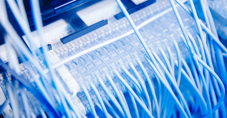 Banner internet data center background. optical Ethernet cable on network switches connector...