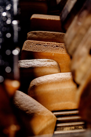 Square baked breads on conveyor automatic production line bakery from hot oven, top view