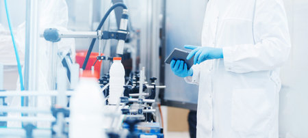 Worker inspecting production line bottle milk dairy factory with computer tablet. Concept food...