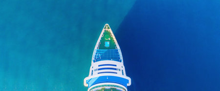 Nose of white cruise liner on background of blue ocean water. Concept travel. Aerial view