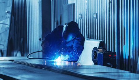 Closeup professional welder working at steel structure manufacturing industry plant, blue color...