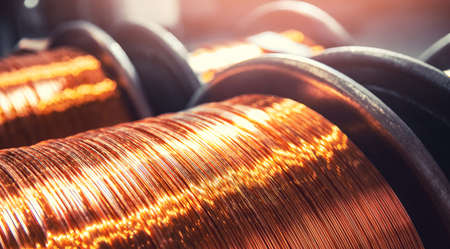 Macro texture copper cable rolled coil up on industry factory bannerの写真素材