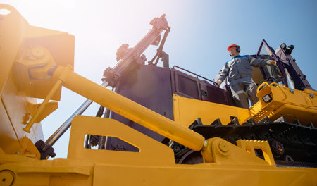 Industrial portrait of working man, excavator driver climbs into cab to perform work on construction siteの写真素材