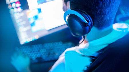 Banner Professional headphones with microphone for video games and cyber sports, background blue...