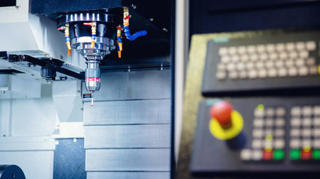 Probe CMM on milling machine. Sensor quality control after machining CNC industrial metal work.の写真素材