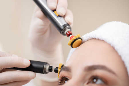 Therapy Microcurrent procedure spa vs acne. Beautiful woman receiving facial for up lifting face
