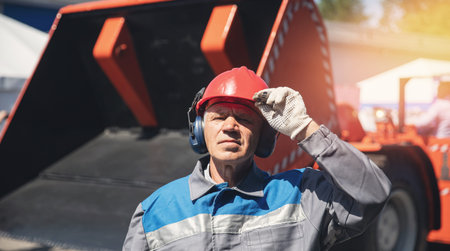 Bulldozer driver coal mine in uniform with helmet and headphones looking to side. Concept man...