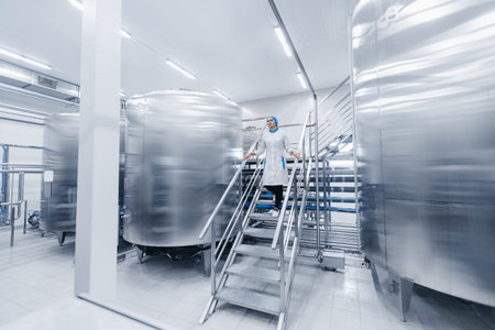 Worker female operator in uniform checking food factory production line and tanker milk