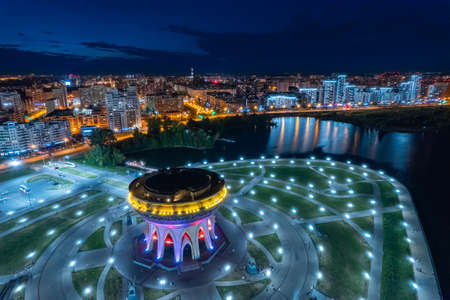 Aerial top view night cityscape of Kazan family center main wedding palace of Tatarstan Russiaの写真素材