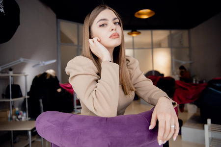 Fashion Portrait arabic young woman with long lash after Eyelash extension procedure in beauty salonの写真素材