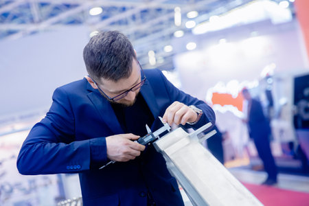Engineer checks dimensions with vernier caliper control quality of manufactured productsの写真素材