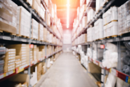 Blurred background photo interior warehouse with carton box retail stock or postal center with sunlightの写真素材