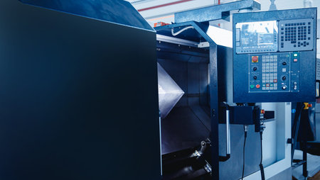 Manual labor automation, modern technologies. Control panel CNC Industrial drill robot for detail...