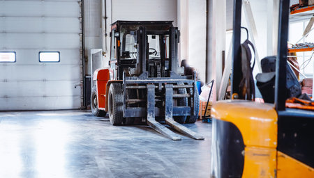 Industrial yellow forklift in warehouse Logistics storeの写真素材