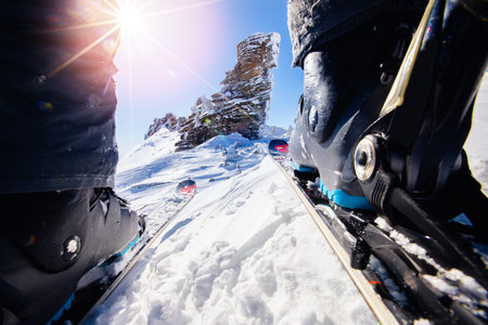 Extreme downhill skiing snow winter, first person view