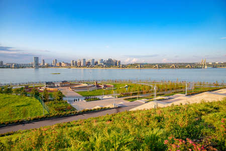 Summer sunset panorama city Kazan embankment and bridge, Republic of Tatarstan. Concept Travel Beautiful Russiaの写真素材