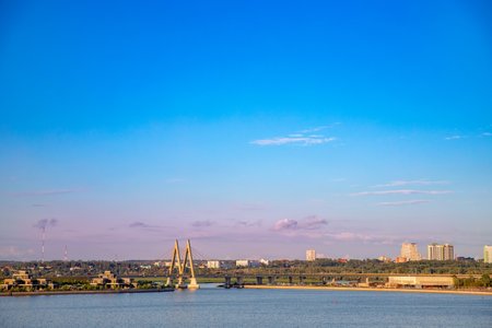 Summer sunset panorama city Kazan embankment and bridge, Republic of Tatarstan. Concept Travel Beautiful Russiaの写真素材