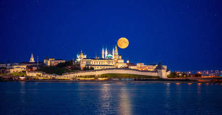 Night panorama city Kazan Kul Sharif Mosque islam and Kremlin river Kazanka, Republic of Tatarstan Russiaの写真素材