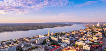 Aerial view panorama sunset city Perm Russia, drone photoの写真素材