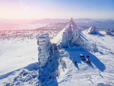Landscape winter forest on mountain Mustag Kemerovo region Russiaの写真素材