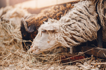 Closeup Sheep eat hay. Concept farm animal husbandry