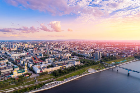Aerial top view panorama city Perm and Kama river Russia, sunset drone photoの写真素材