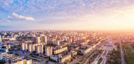 Aerial view panorama sunset city Perm Russia, drone photoの写真素材